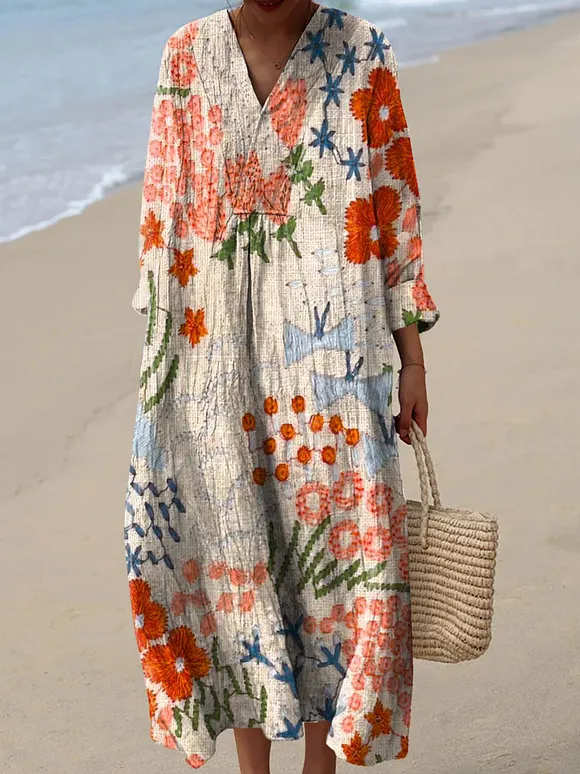 Women's Vintage Floral Art Print Cotton Dress