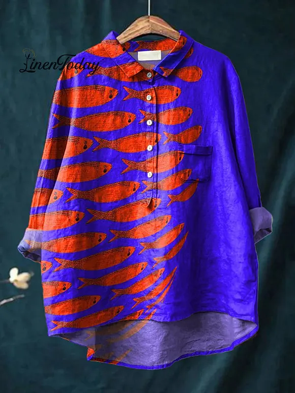 Sardine Fish Swarm Pattern Printed Women's Casual Cotton And Linen Shirt