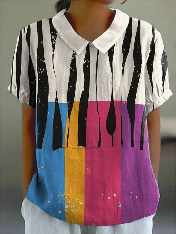 Women's Abstract Geometric Pattern Art Print Casual Cotton And Linen Shirt