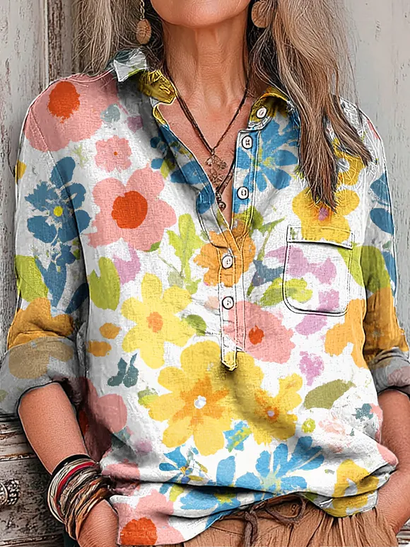 Women's Vintage Colorful Floral Painting Art Print Casual Cotton And Linen Shirt