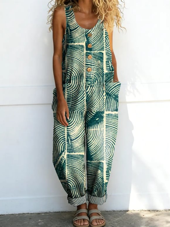 Women's Abstract Pattern Art Print Casual Cotton Denim Jumpsuit