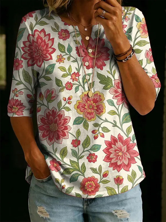Women’s Floral Pattern Art Casual Classic Henley Collar 100% Cotton T-shirt