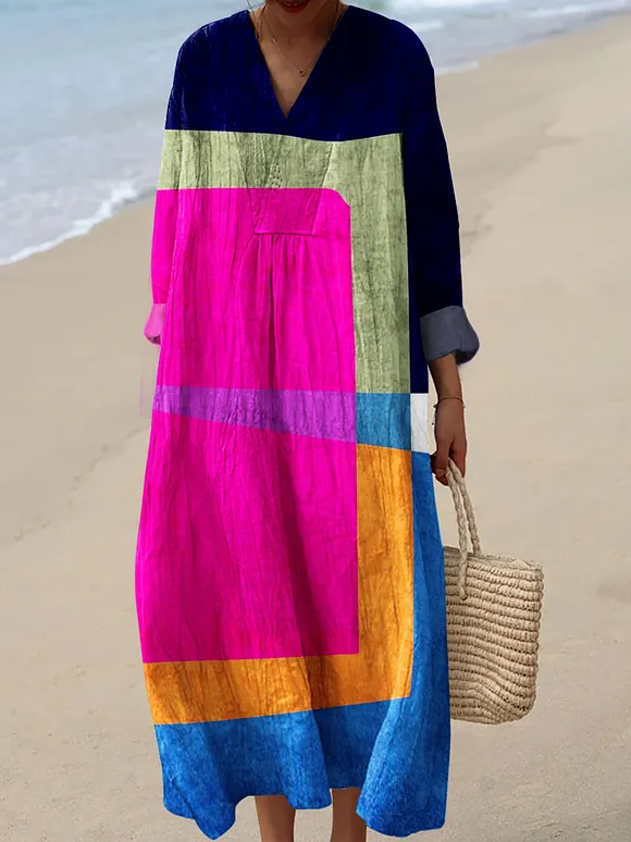 Women's Vintage Abstract Geometric Color Block Line Art Print Dress