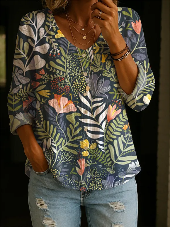 Women's Retro Flower Art Print Linen Cotton Shirt