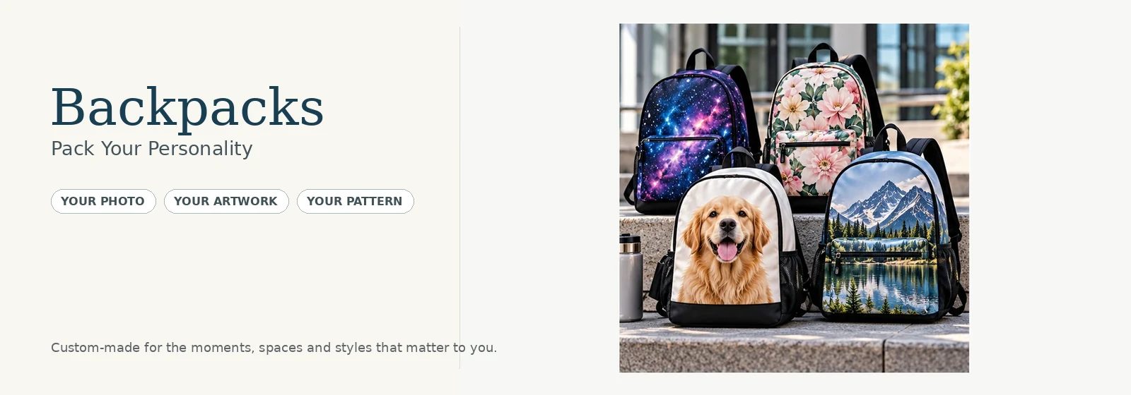 Personalized backpacks with pet galaxy floral and mountain designs