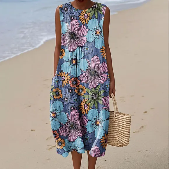 Women's Vintage Flower Art Print Sleeveless Cotton Pocket Wrap Dress