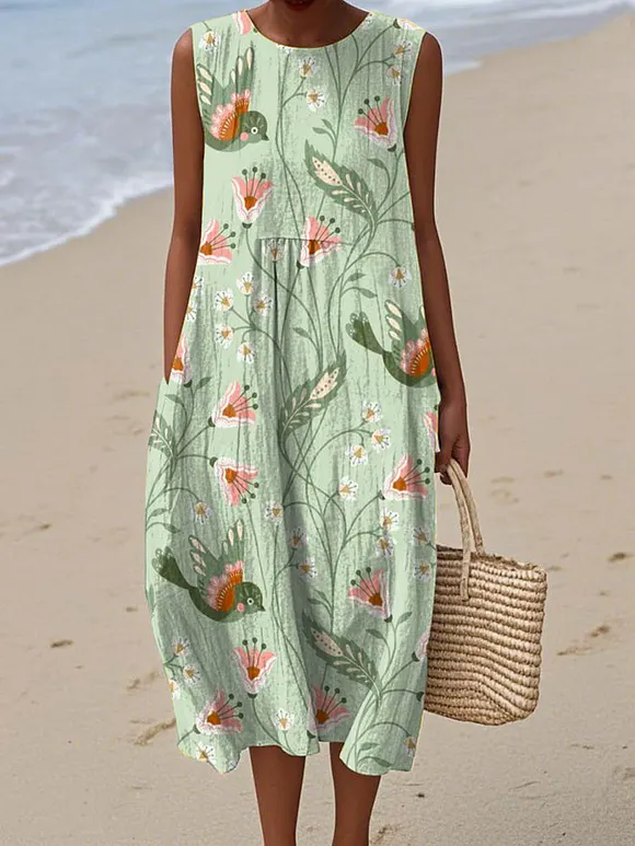 Women's Vintage Floral Birds Pattern Art Print Sleeveless Cotton Pocket Wrap Dress
