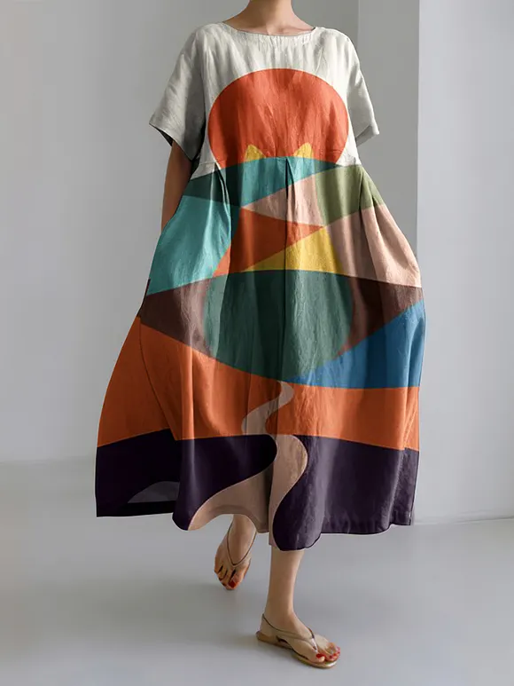 Abstract Creative Colorful Cute Cat Painting Art Linen Blend Dress