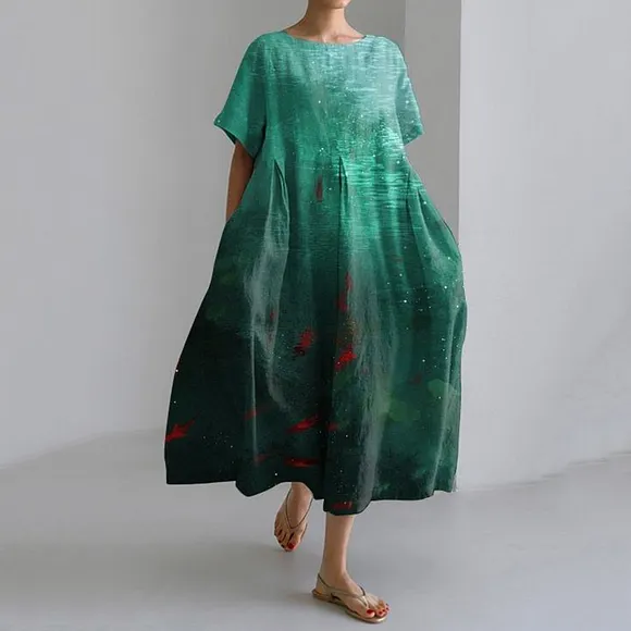 Fish Art Print Round Neck Short Sleeve Casual Midi Dress