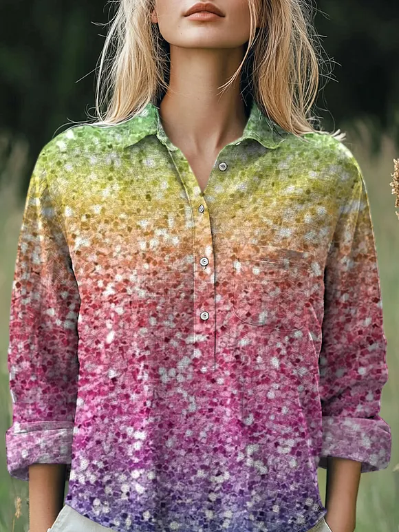 Rainbow Color Glitter Pattern Printed Women's Casual Cotton And Linen Shirt