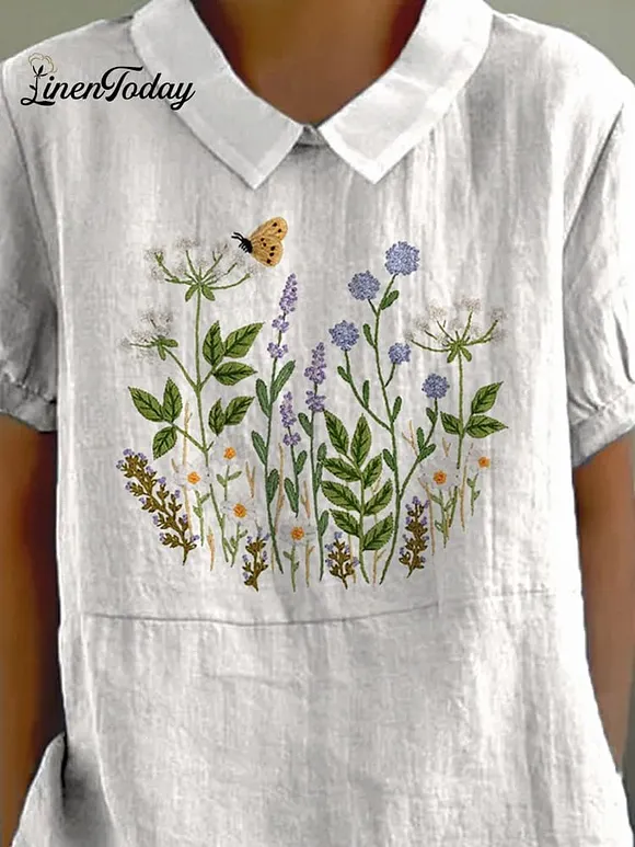 Embroidery Style Floral Bush Pattern Printed Women's Casual Cotton And Linen Shirt