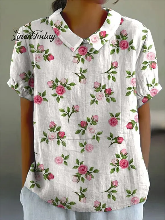 Women's Flower Print Casual Cotton And Linen Shirt