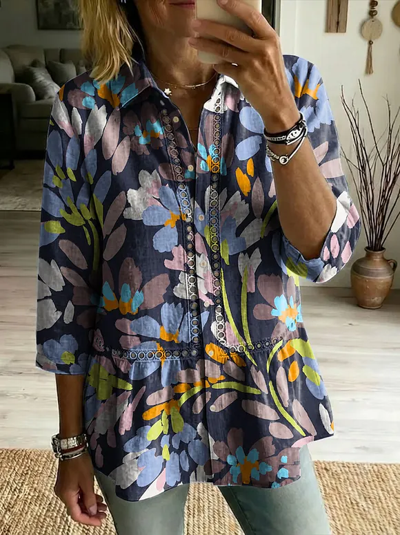 Floral Flowers Art Patterns Casual Patchwork Openwork Webbing Linen And Cotton Shirt