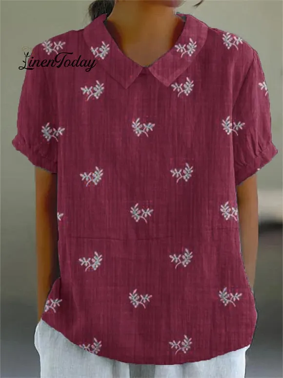 Women's Flowers And Leaves Casual Cotton And Linen Shirt