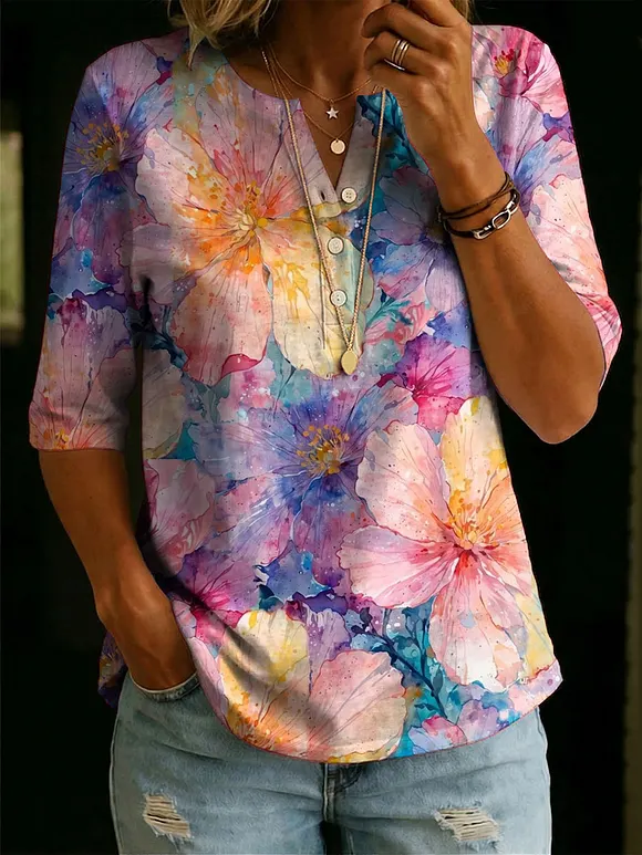 Women’s Floral Pattern Art Casual Classic Henley Collar 100% Cotton T-shirt