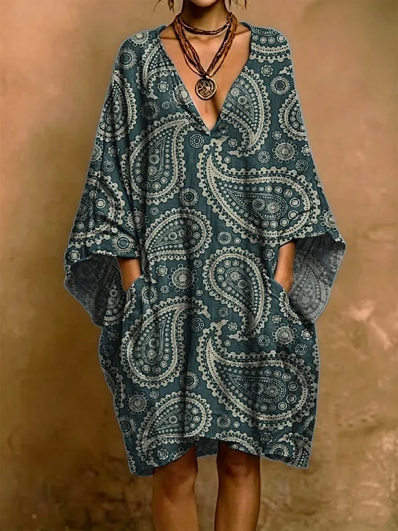 Retro Paisley Decorative Pattern Woman‘s Short Sleeve Cotton Linen Dress