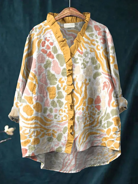 Women's Vintage Colorblock Spot Art Print Casual Cotton And Linen Ruffle Shirt
