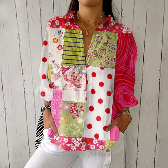 Women's Vintage Abstract Geometric Color Blocks Floral Art Print Casual Linen V-neck Shirt
