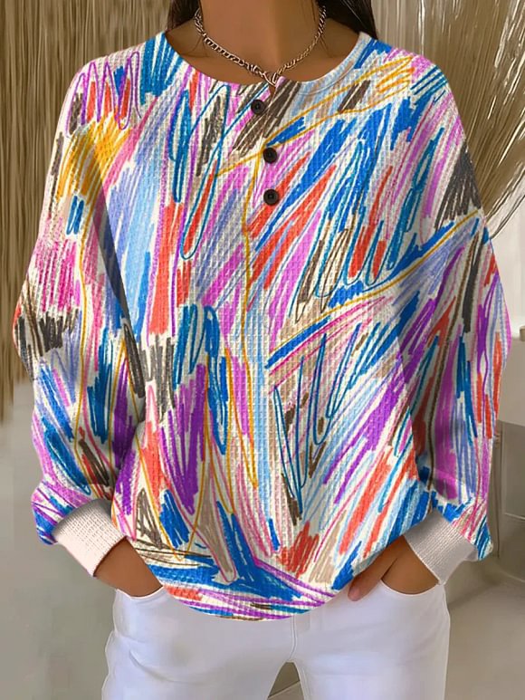 Women's Abstract Pattern Art Print Casual Waffle Sweatshirt