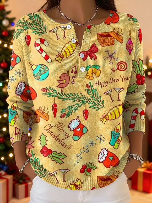 Women's Christmas Pattern Art Print Buttoned Cardigan Sweater