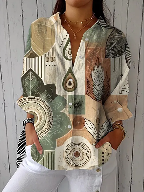Women's Vintage Art Flower Print Casual Linen V-neck Shirt