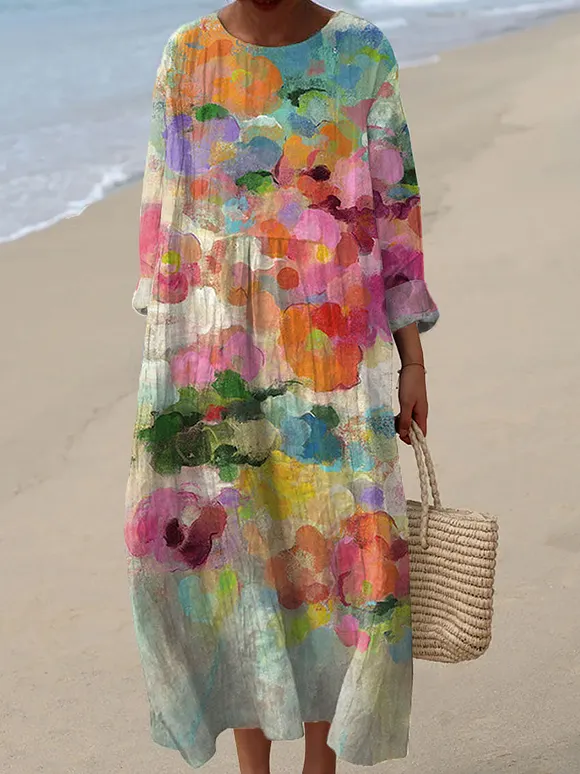 Women's Vintage Flower Art Print Casual Dress