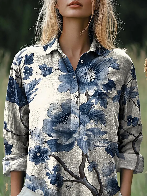 Women's Lovely Floral Art Print Casual Cotton And Linen Shirt