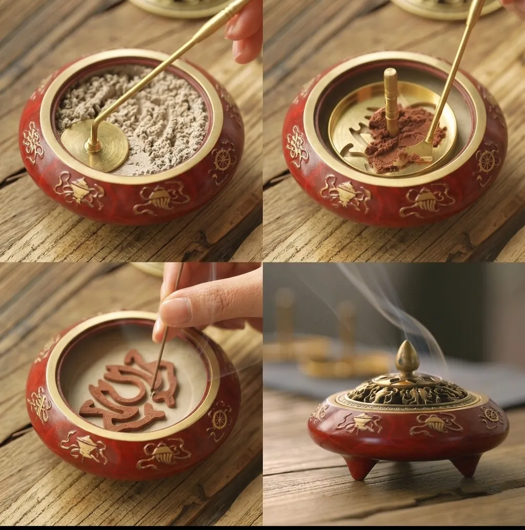 NingNatural Auspicious Symbol Tripod Censer - Brass Openwork Lid & Gold Relief 7