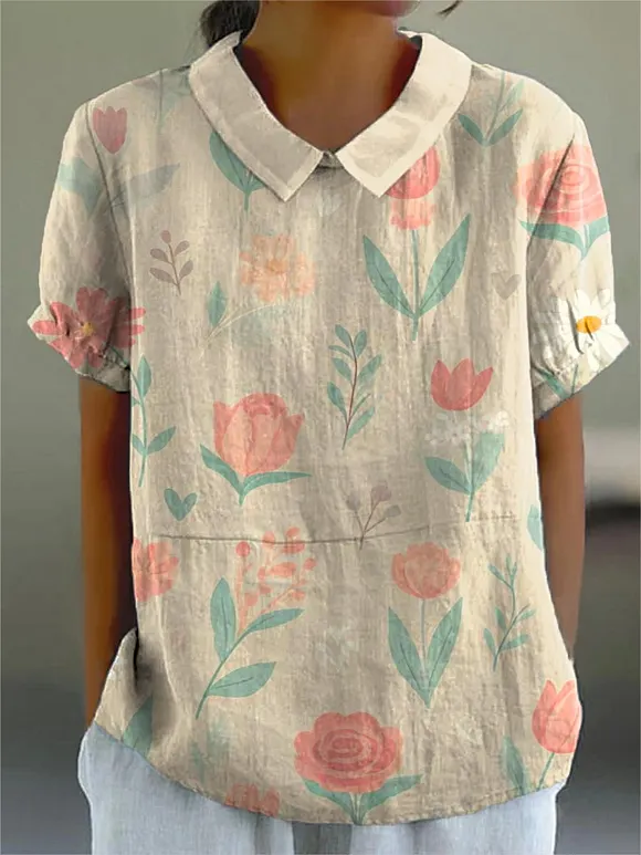 Women's Vintage Lovely Floral Art Pattern Art Print Casual Cotton And Linen Shirt