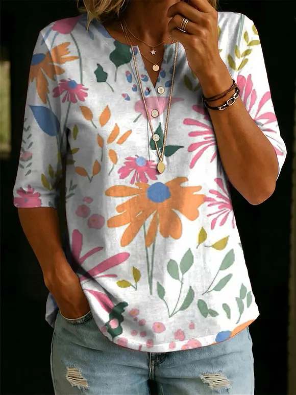 Women's Floral Pattern Art Print Casual Classic Henley Collar 100% Cotton T-shirt