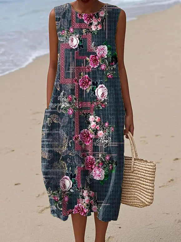 Women's Vintage Lovely Floral Pattern Art Print Sleeveless Cotton Pocket Wrap Dress