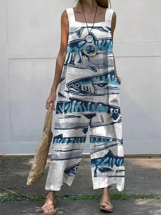 Women's Vintage Lovely Fish Art Print Casual 100% Cotton Wide Leg Jumpsuit