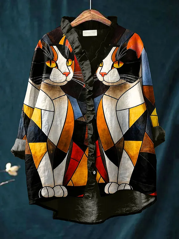 Women's Vintage Abstract Cat Art Print Casual Cotton And Linen Ruffle Shirt