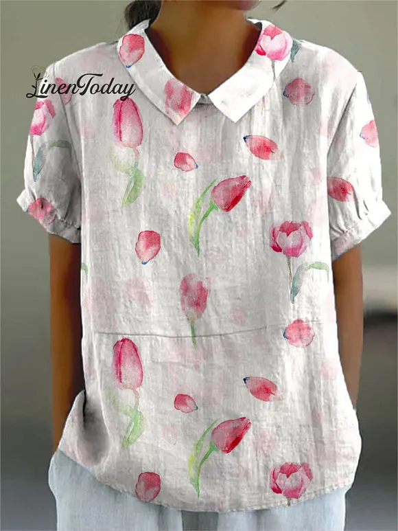 Women's Flower Print Casual Cotton And Linen Shirt