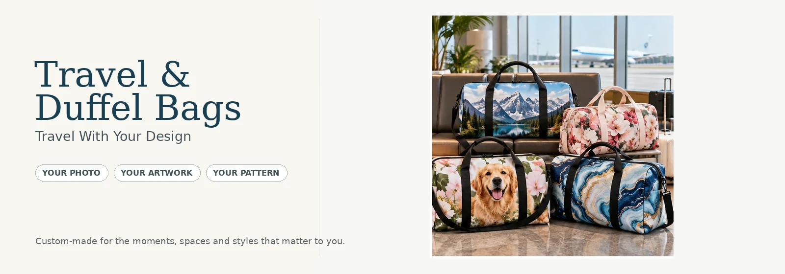 Personalized duffel bags with mountain pet floral and marble artwork