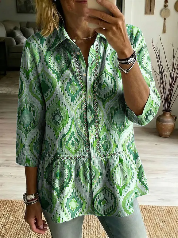 Floral Flowers Art Patterns Casual Patchwork Openwork Webbing Linen And Cotton Shirt