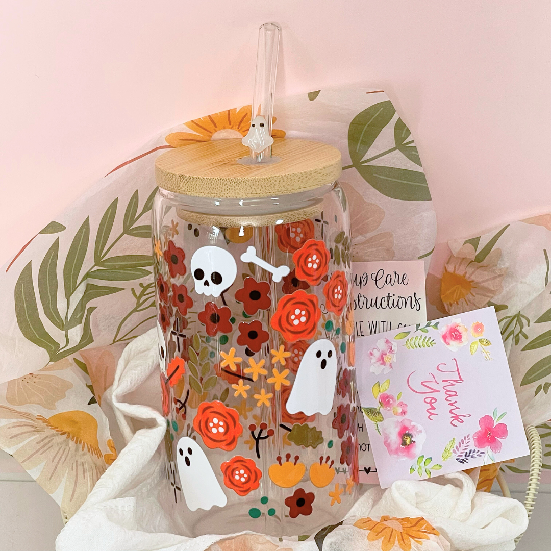 Floral Halloween | Glass Cup | Coffee Cup 6056d6f7c57093e1f5d0738652ec4ef5
