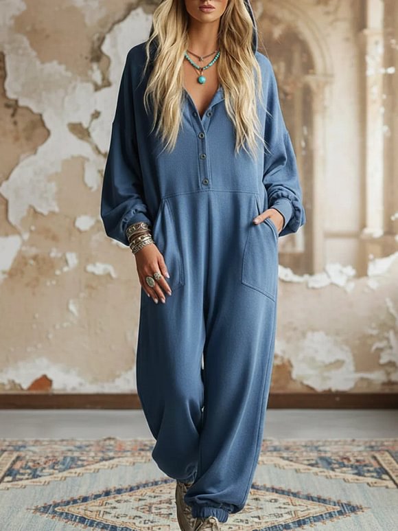 Casual Cozy Loose Hooded Button-up Cotton Jumpsuit