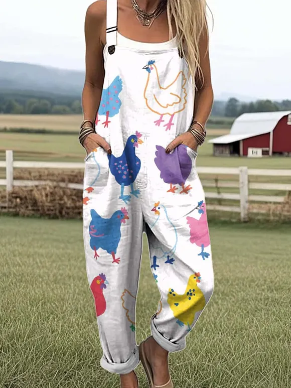 Women's Funny Chicken Art Print Casual 100% Cotton Wide Leg Jumpsuit