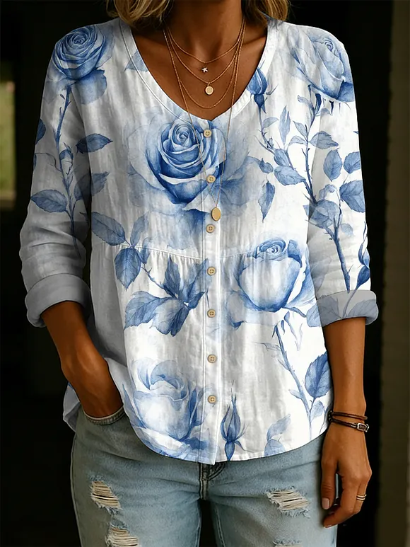 Women's Elegant Rose Floral Decorative Pattern Linen And Cotton Shirt