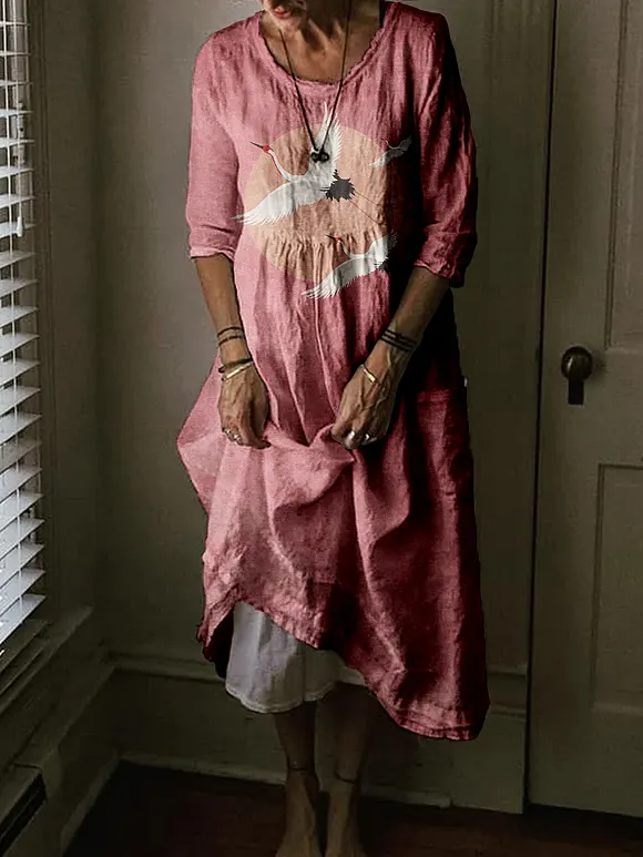 Flying Cranes Japanese Art Linen Blend Midi Dress
