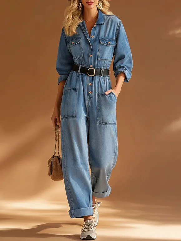 Women's Shirt Collar Long-sleeved Loose-fitting Denim Jumpsuit