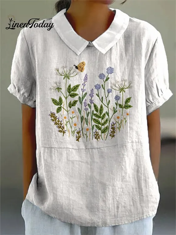Embroidery Style Floral Bush Pattern Printed Women's Casual Cotton And Linen Shirt