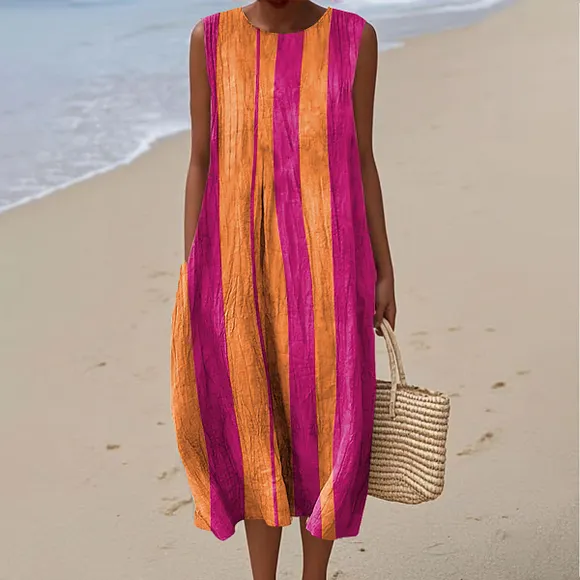 Women's Fashion Color Block Striped Art Print Sleeveless Cotton Pocket Wrap Dress