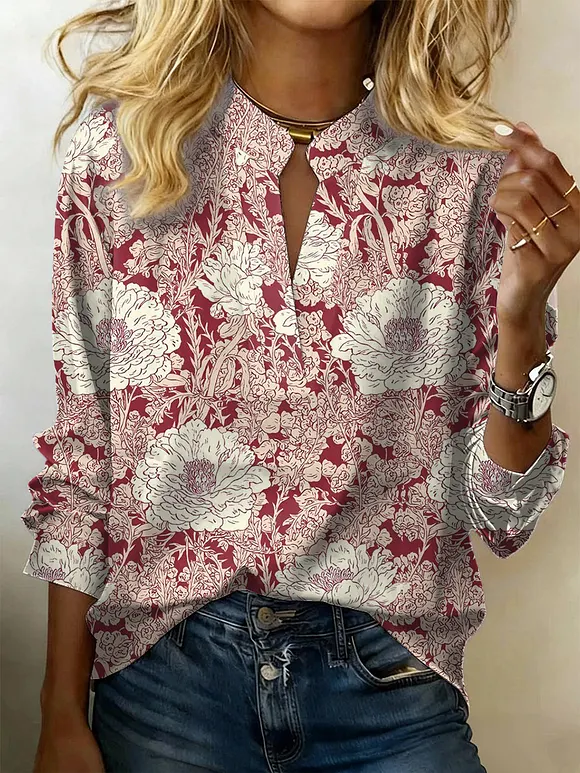 Women's Floral Print V-neck Casual Cotton Shirt