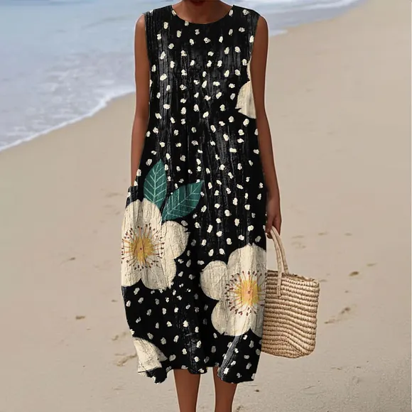 Women's Vintage Floral Art Print Sleeveless Cotton Pocket Wrap Dress