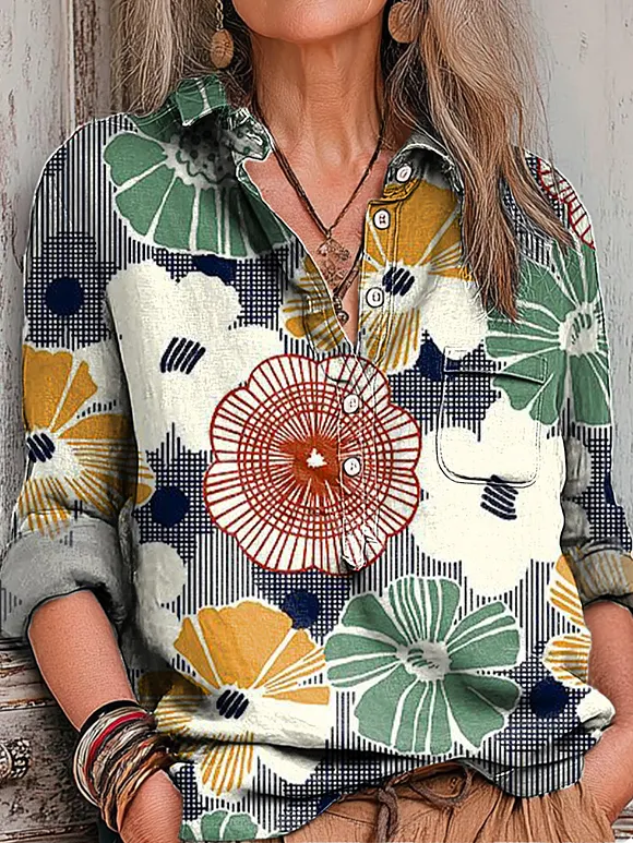Women's Vintage Multicolor Large Flower Painting Art Print Casual Cotton And Linen Shirt