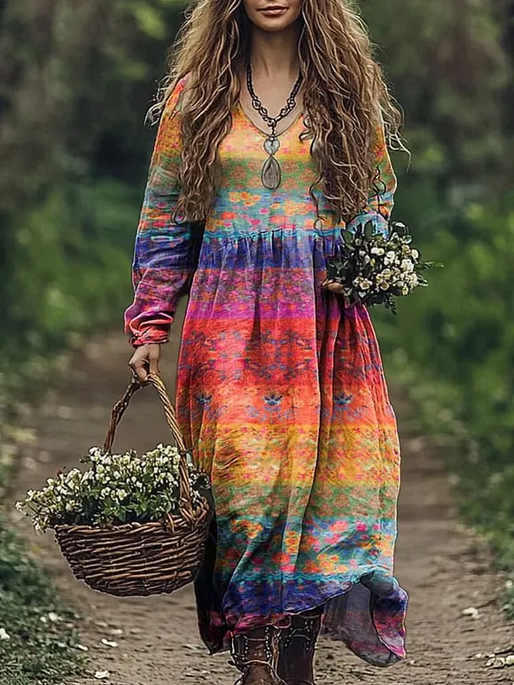 Women's Colorful Floral Stripes Print Cotton Pocket Dress