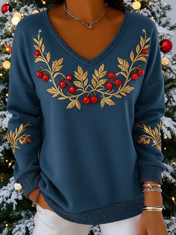 Vintage Christmas Holly Print V-Neck Sweatshirt