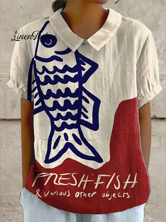 Women's Vintage Fish Art Print Casual Cotton And Linen Shirt